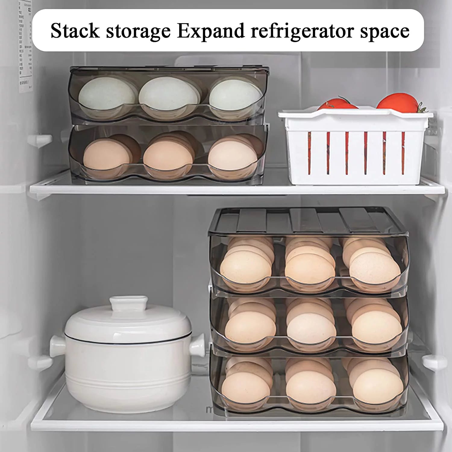 Egg Holder Storage Box with Lid Automatic Rolling Egg Container for Refrigerator Kitchen Egg Tray Organizer Bin for Household (2 Layers)
