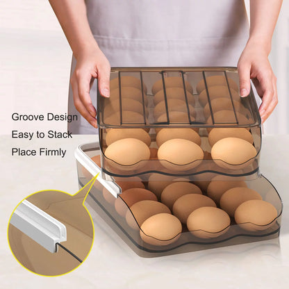 Egg Holder Storage Box with Lid Automatic Rolling Egg Container for Refrigerator Kitchen Egg Tray Organizer Bin for Household (2 Layers)