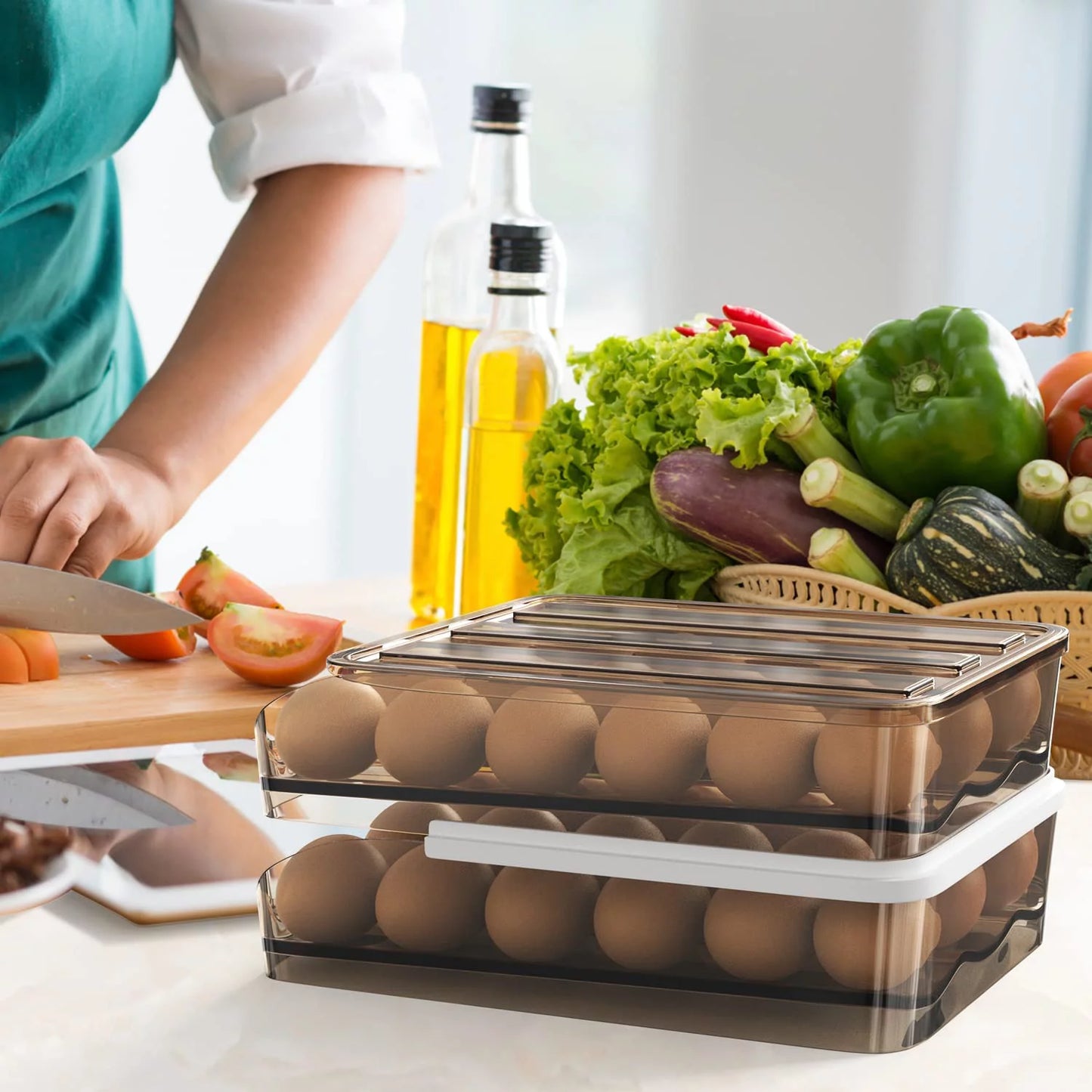 Egg Holder Storage Box with Lid Automatic Rolling Egg Container for Refrigerator Kitchen Egg Tray Organizer Bin for Household (2 Layers)